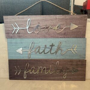 Rustic Farmhouse Wall Sign Love Faith Family Wood Metal Hanging
